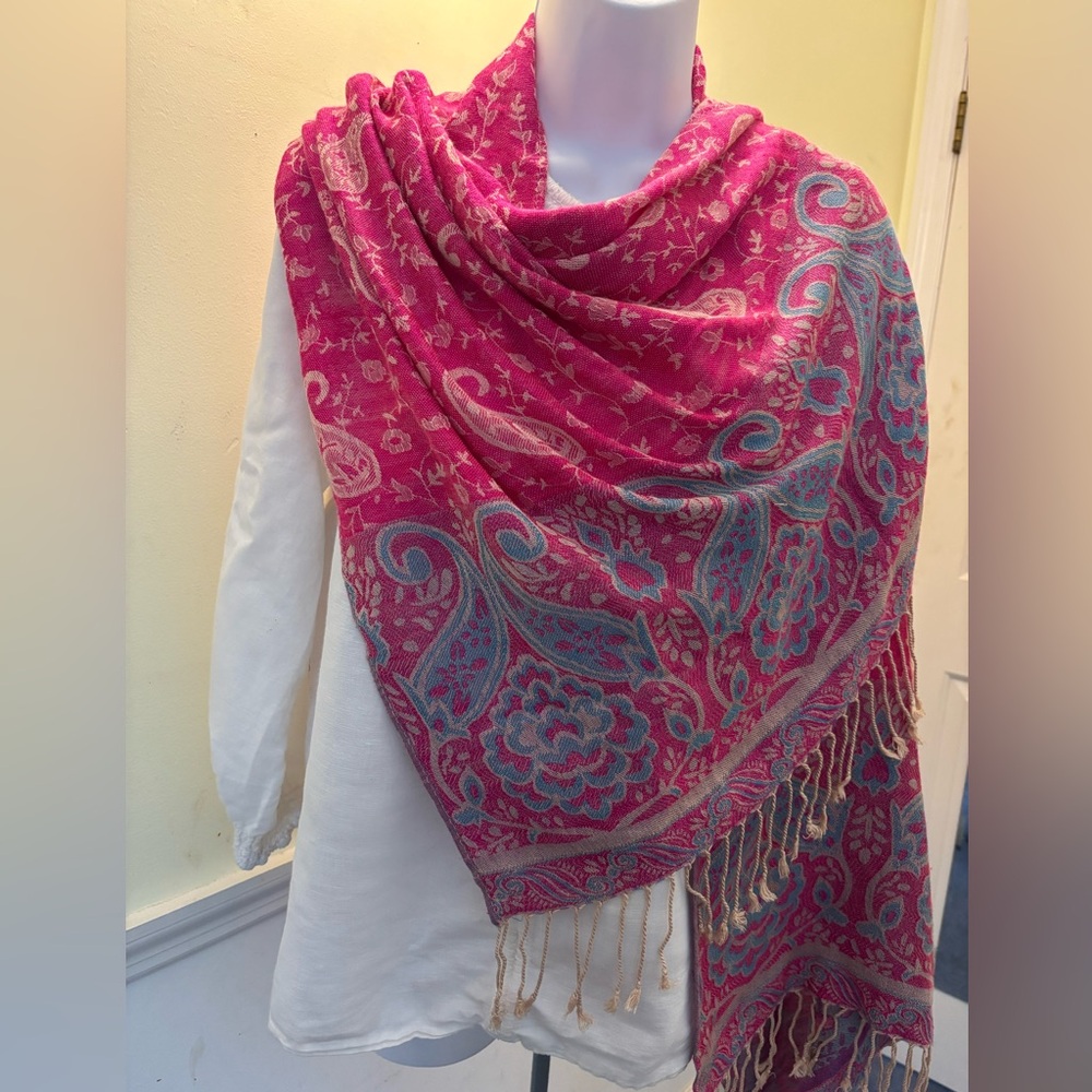 Elegant Pink and Blue Paisley Scarf:shawl/wrap 68 by 24 inches